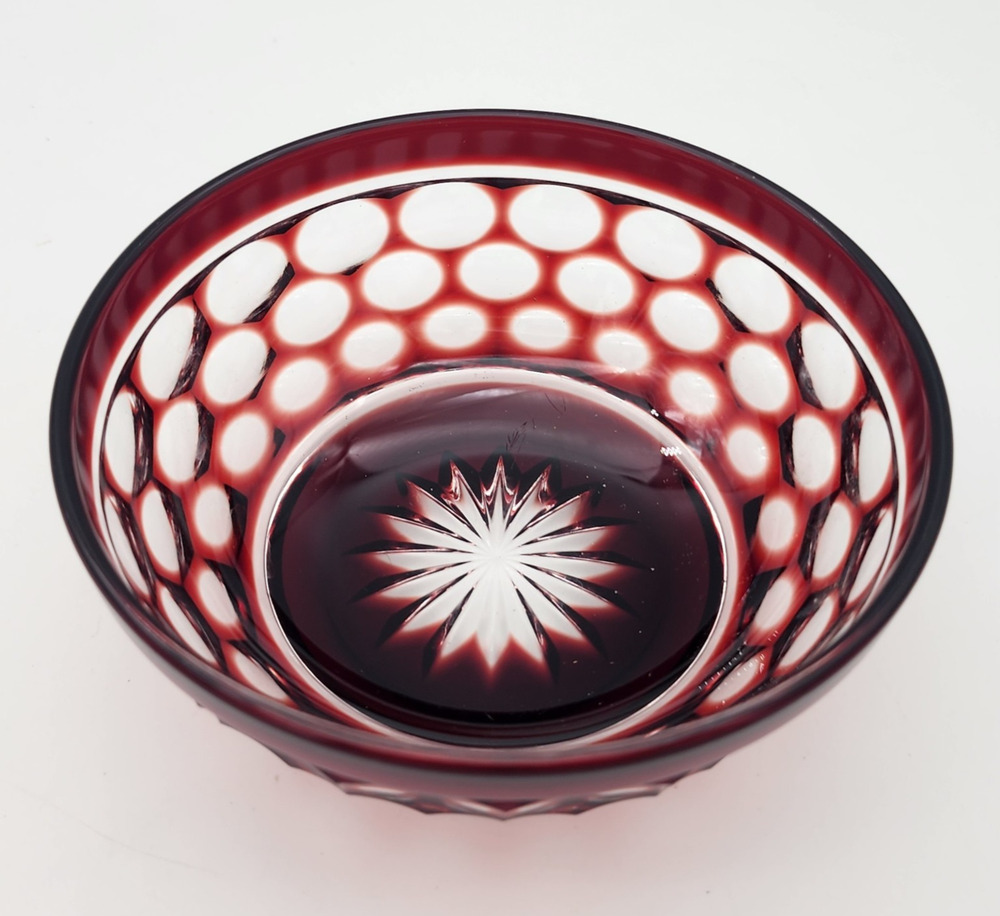 French Cristal D' Argues Ruby Red Cut to Clear Starburst Nut Fruit Candy 6" Dish